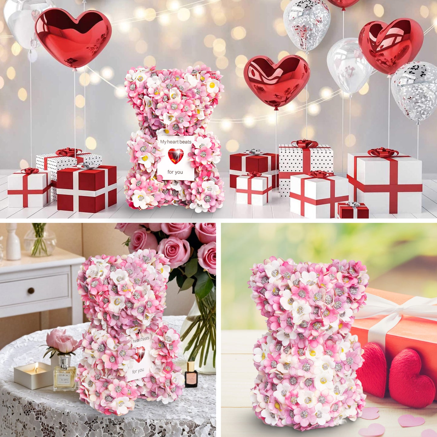 Handmade Pink Flower Teddy Bear - Unique Valentine’s Day Gift